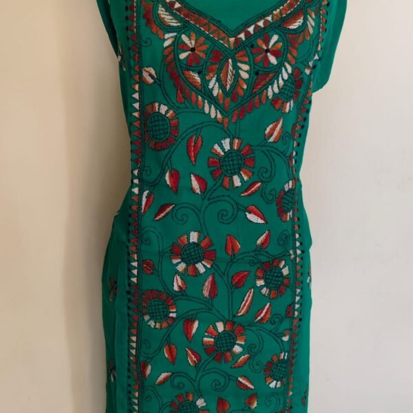 Green Cotton Kantha Handwork Kurta Material – Handcrafted Floral