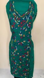 Green Cotton Kantha Kurti Material – Handcrafted Floral Multicolor