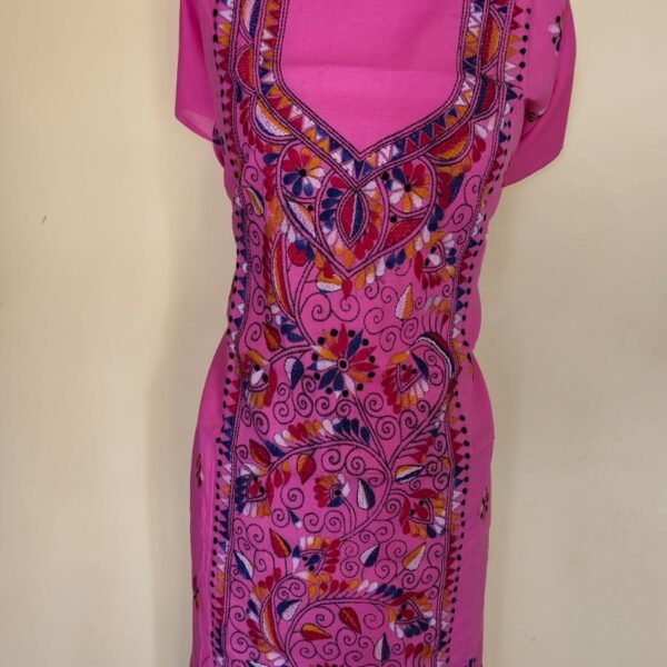 Pure Cotton Bengal Kantha Stitch Long Kurti Material Pink