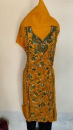 Pure Cotton Mustard Kantha Handwork Kurti Material- Teal Blue Floral