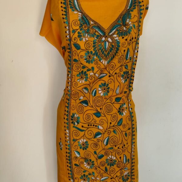 Pure Cotton Mustard Kantha Handwork Kurti Material- Teal Blue Floral