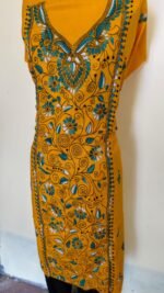 Pure Cotton Mustard Kantha Handwork Kurti Material- Teal Blue Floral - Image 3