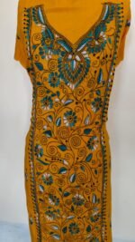 Pure Cotton Mustard Kantha Handwork Kurti Material- Teal Blue Floral - Image 2