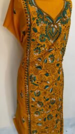 Pure Cotton Mustard Kantha Handwork Kurti Material- Teal Blue Floral - Image 4