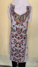 Pure Cotton White Kantha Long Kurti Material – Multicolor Floral
