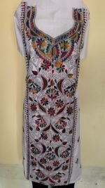 Pure Cotton White Kantha Long Kurti Material – Multicolor Floral - Image 3