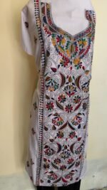 Pure Cotton White Kantha Long Kurti Material – Multicolor Floral - Image 4