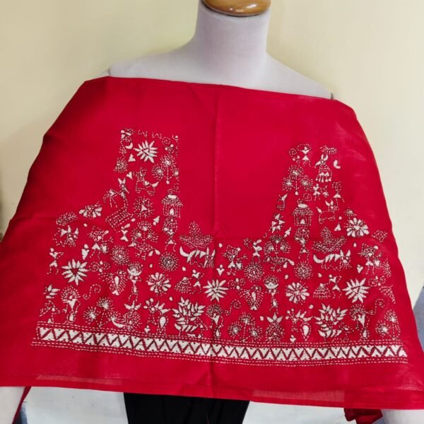 Red Silk Kantha Blouse Material – Handcrafted Tribal & Floral Embroidery
