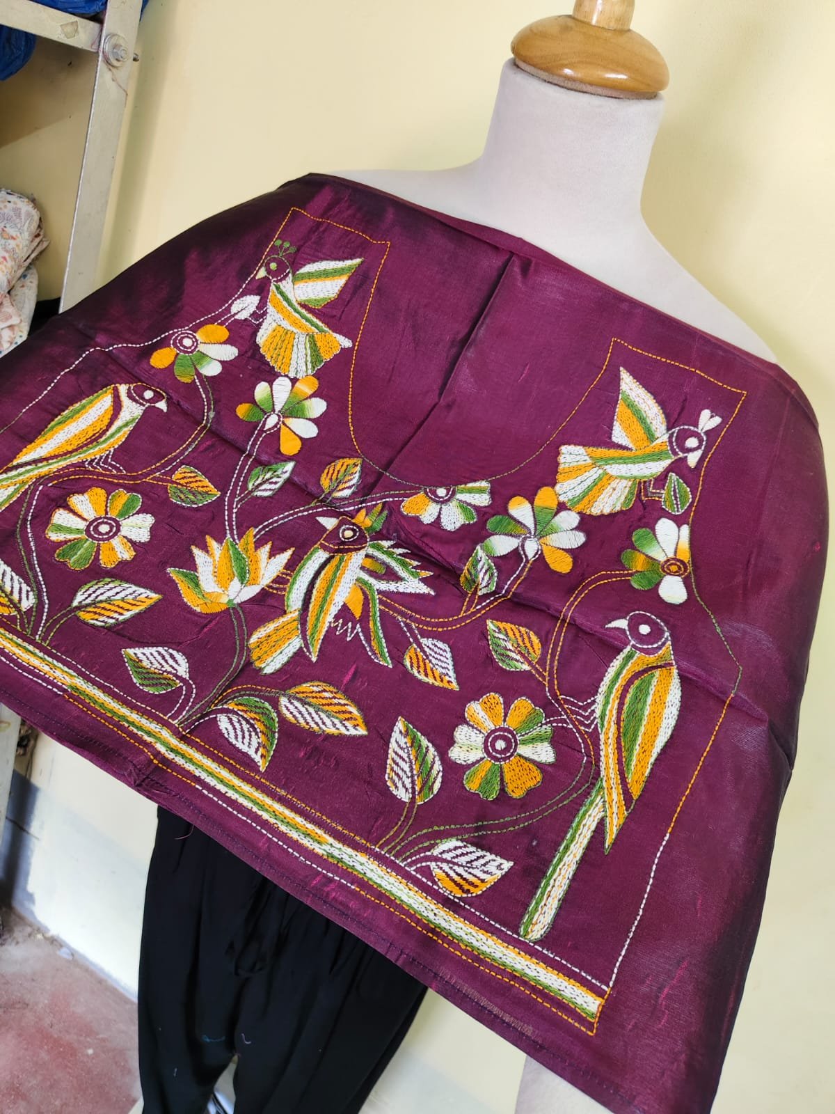 WhatsApp Image 2025-10-17 at 19.39.40_2c66af5d Maroon Silk Kantha Stitch Blouse Material – Handcrafted Bird & Floral - Image 3