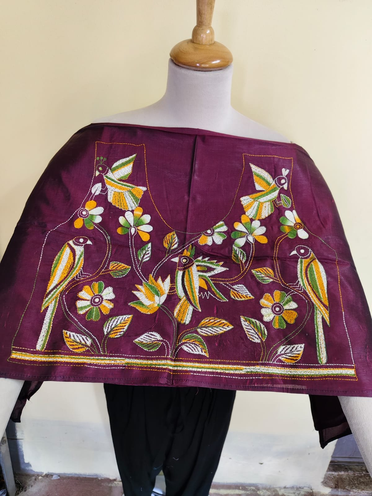 WhatsApp Image 2025-10-17 at 19.39.41_b52a93fa Maroon Silk Kantha Stitch Blouse Material – Handcrafted Bird & Floral - Image 1