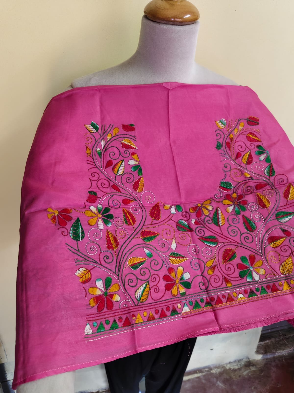 WhatsApp Image 2025-10-17 at 19.44.38_224c6ebe Pink Silk Kantha Stitch Blouse Material – Handcrafted Multicolor Floral Embroidery - Image 5