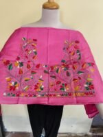Pink Silk Kantha Stitch Blouse Material – Handcrafted Multicolor Floral Embroidery