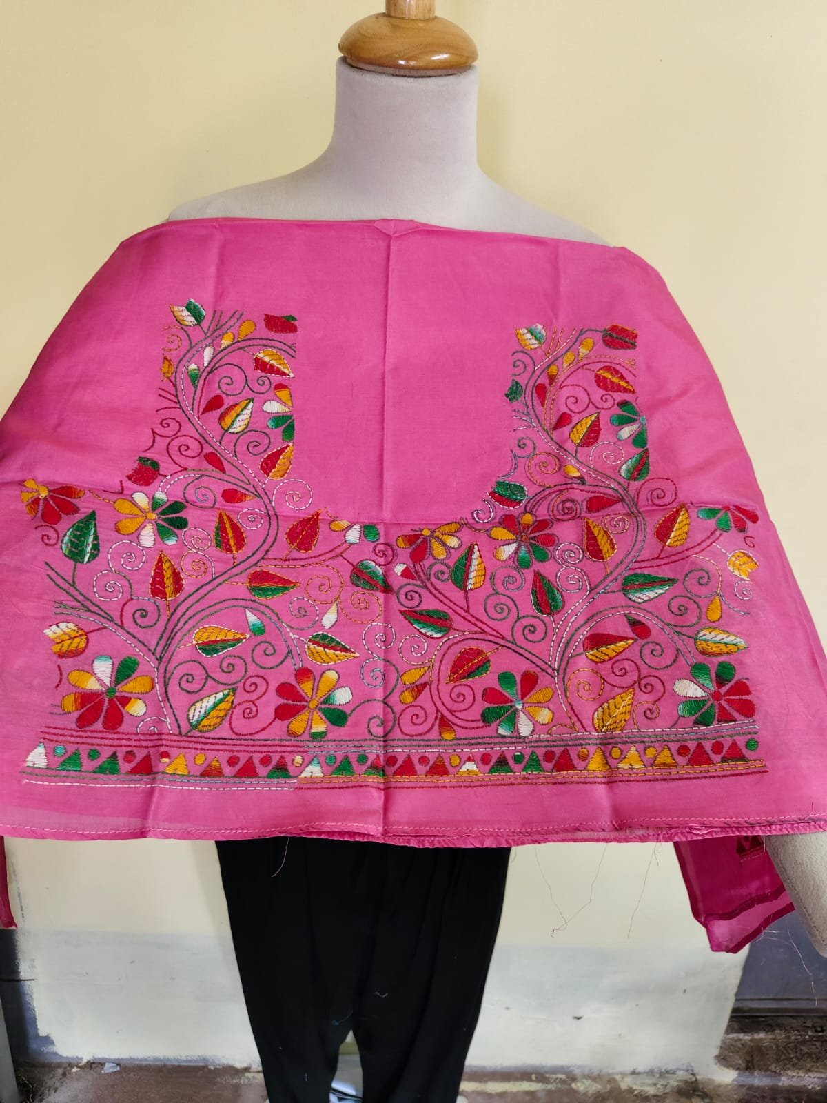 WhatsApp Image 2025-10-17 at 19.44.39_c2bde9c3 Pink Silk Kantha Stitch Blouse Material – Handcrafted Multicolor Floral Embroidery - Image 1