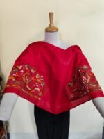 Red Silk Kantha Stitch Blouse Material – Handcrafted Multicolor Floral Embroidery - Image 3