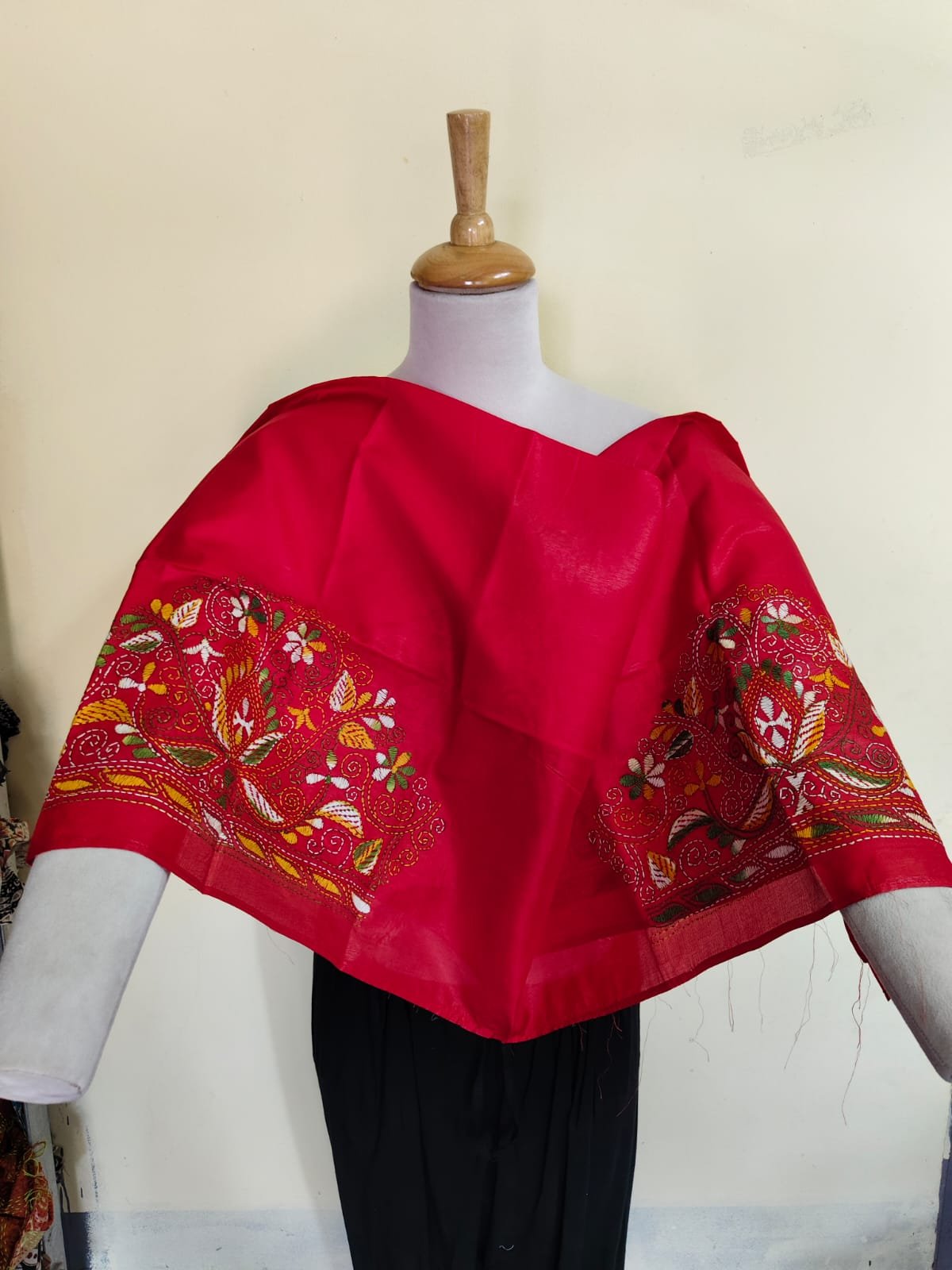 WhatsApp Image 2025-10-17 at 19.48.47_da09d517 Red Silk Kantha Stitch Blouse Material – Handcrafted Multicolor Floral Embroidery - Image 3