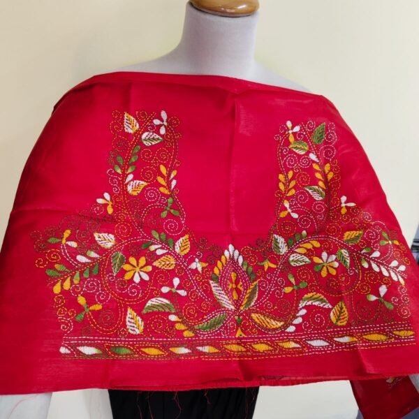 Red Silk Kantha Stitch Blouse Material – Handcrafted Multicolor Floral Embroidery