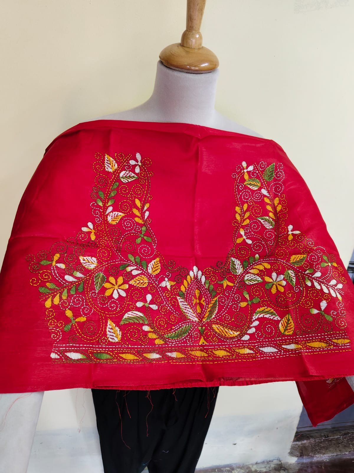 WhatsApp Image 2025-10-17 at 19.48.48_35b0948a Red Silk Kantha Stitch Blouse Material – Handcrafted Multicolor Floral Embroidery - Image 1