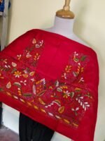 Red Silk Kantha Stitch Blouse Material – Handcrafted Multicolor Floral Embroidery - Image 2