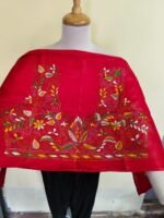 Red Silk Kantha Stitch Blouse Material – Handcrafted Multicolor Floral Embroidery - Image 4