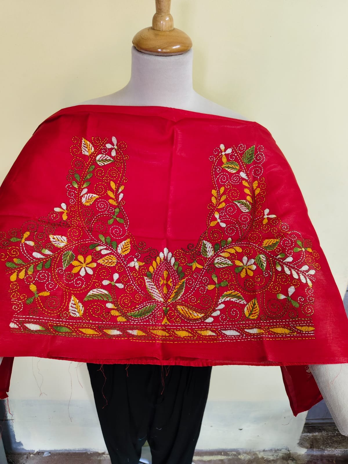 WhatsApp Image 2025-10-17 at 19.48.48_d1f86005 Red Silk Kantha Stitch Blouse Material – Handcrafted Multicolor Floral Embroidery - Image 4