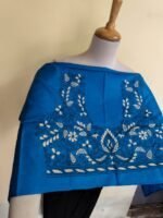 Royal Blue Silk Kantha Stitch Blouse Material –  White & Black Floral - Image 3