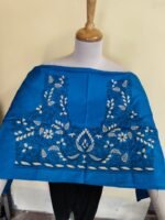 Royal Blue Silk Kantha Stitch Blouse Material –  White & Black Floral - Image 4