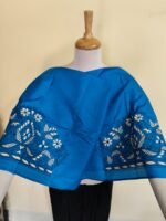 Royal Blue Silk Kantha Stitch Blouse Material –  White & Black Floral - Image 6