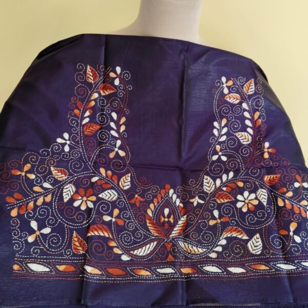 Purple Silk Kantha Stitch Blouse piece – Handcrafted White & Rust Floral Embroidery