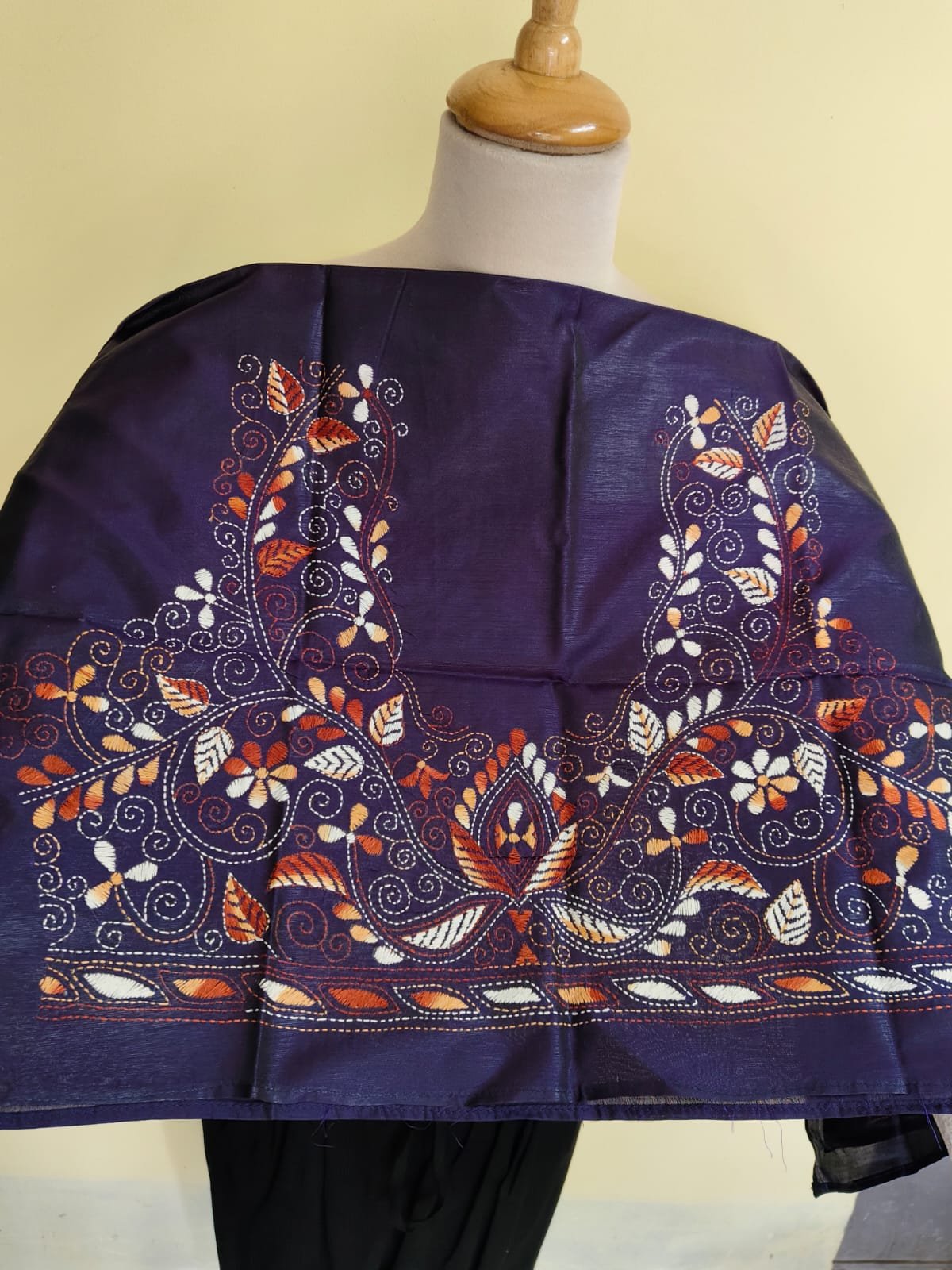 WhatsApp Image 2025-10-17 at 20.02.49_b5998341 Purple Silk Kantha Stitch Blouse piece – Handcrafted White & Rust Floral Embroidery - Image 1