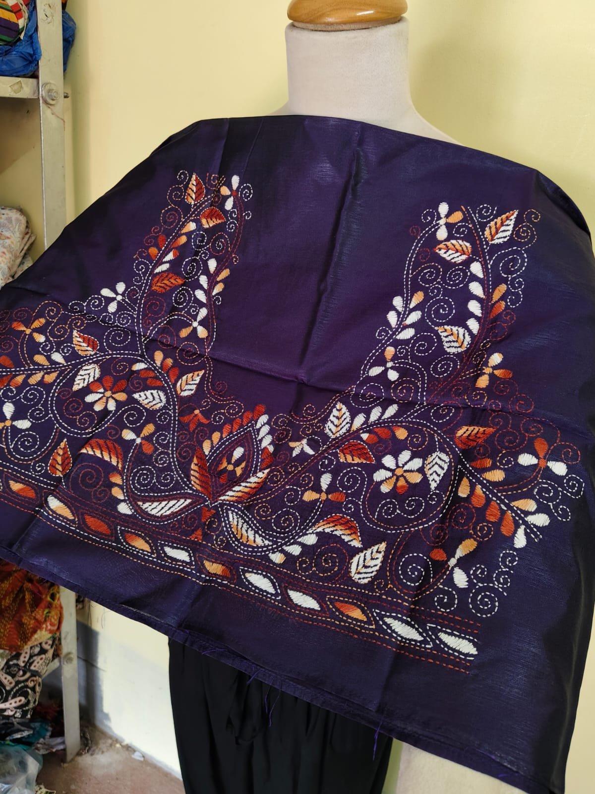 WhatsApp Image 2025-10-17 at 20.02.49_dca9bb3c Purple Silk Kantha Stitch Blouse piece – Handcrafted White & Rust Floral Embroidery - Image 2