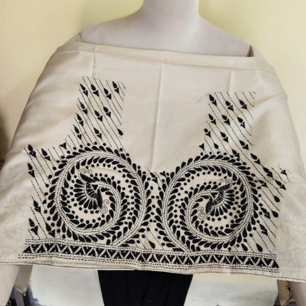 Off-White Silk Kantha Stitch Blouse Material – Handcrafted Black Paisley Embroidery