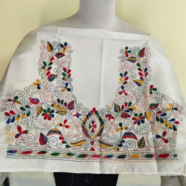 Off-White Silk Kantha Stitch Blouse Material – Multicolor Hand Embroidery