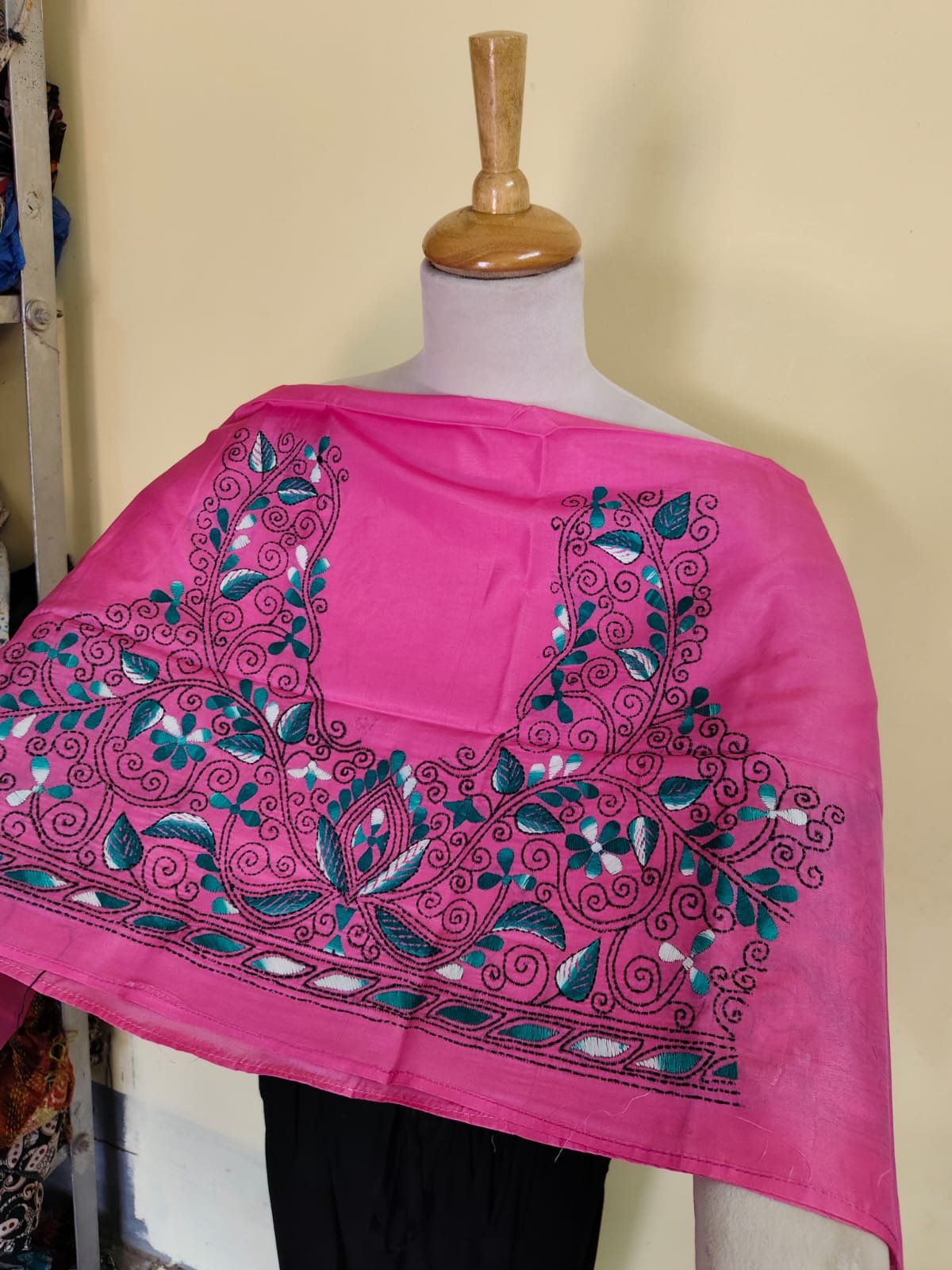 WhatsApp Image 2025-10-17 at 20.26.04_58264e06 Rani Pink Silk Kantha Blouse Material –  Green & White Embroidery - Image 2