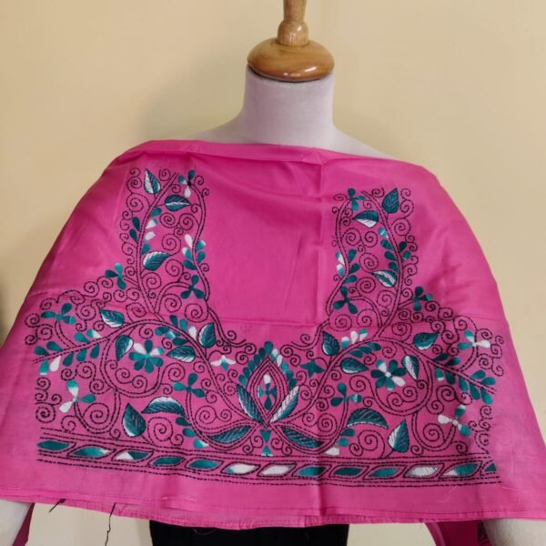 Rani Pink Silk Kantha Blouse Material –  Green & White Embroidery