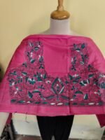 Rani Pink Silk Kantha Blouse Material –  Green & White Embroidery - Image 3