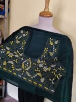 Green Silk Kantha Blouse Material – Handcrafted Green & White Embroidery - Image 2
