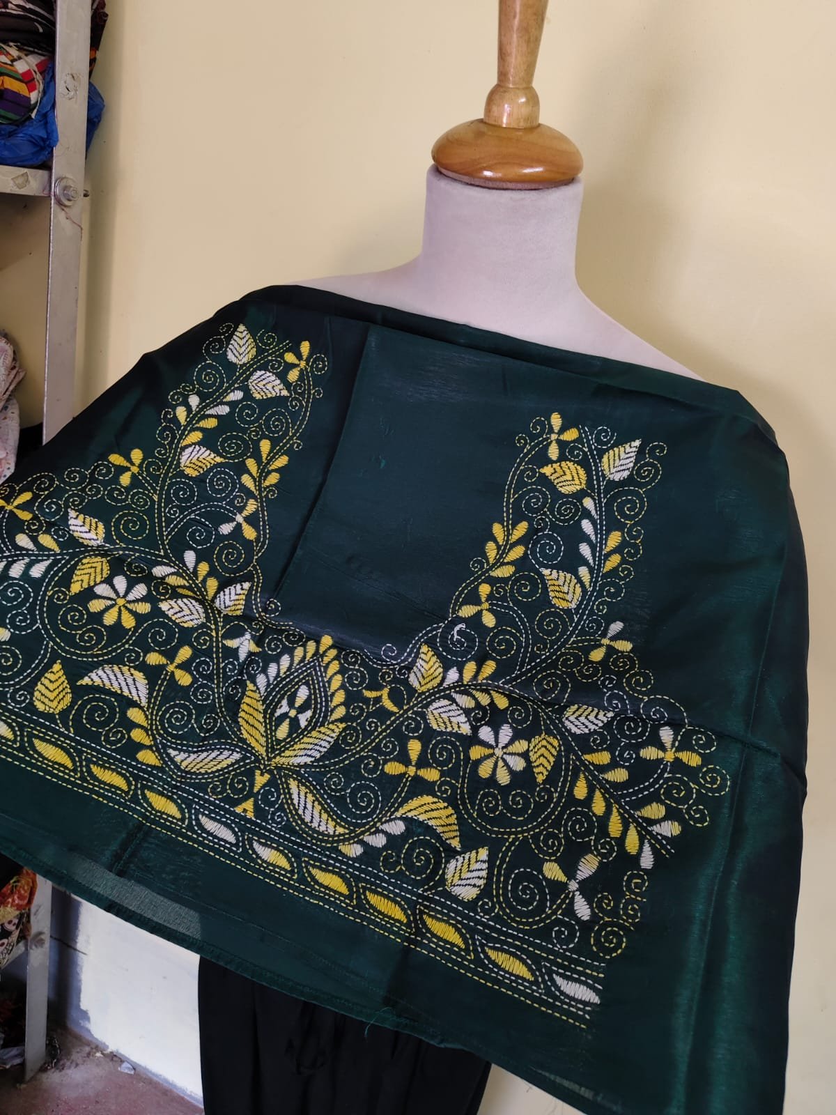 WhatsApp Image 2025-10-17 at 20.30.31_c9e4a76a Green Silk Kantha Blouse Material – Handcrafted Green & White Embroidery - Image 2