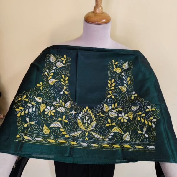 Green Silk Kantha Blouse Material – Handcrafted Green & White Embroidery