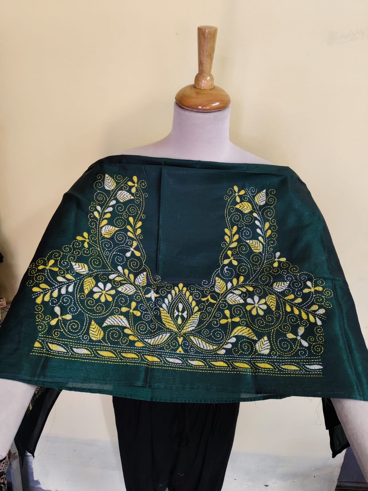 WhatsApp Image 2025-10-17 at 20.30.32_0d3871b6 Green Silk Kantha Blouse Material – Handcrafted Green & White Embroidery - Image 1