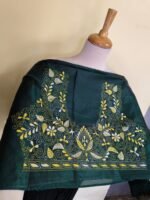 Green Silk Kantha Blouse Material – Handcrafted Green & White Embroidery - Image 3