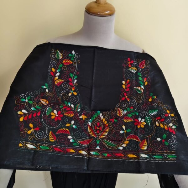 Black Silk Kantha Stitch Blouse Material – Multicolor Hand Embroidery