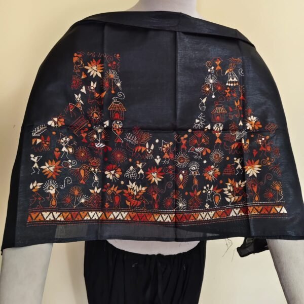 Black Silk Kantha Stitch Blouse Material – Tribal & Floral Hand Embroidery