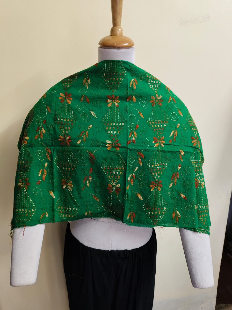 WhatsApp Image 2025-10-17 at 22.53.31_3e32280e Dark Green Cotton Kantha Stitch Blouse Material – Full Handmade Embroidery Work - Image 1