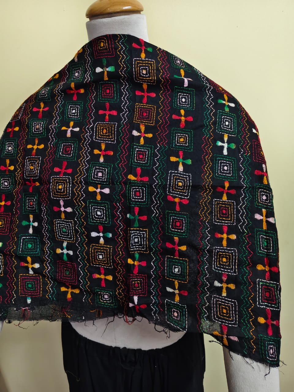 WhatsApp Image 2025-10-17 at 23.01.46_6093896d Black Cotton Kantha Stitch Blouse Material – Handmade Multicolor Geometric Embroidery - Image 2