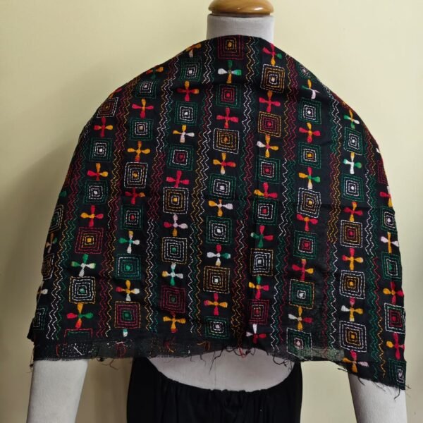 Black Cotton Kantha Stitch Blouse Material – Handmade Multicolor Geometric Embroidery