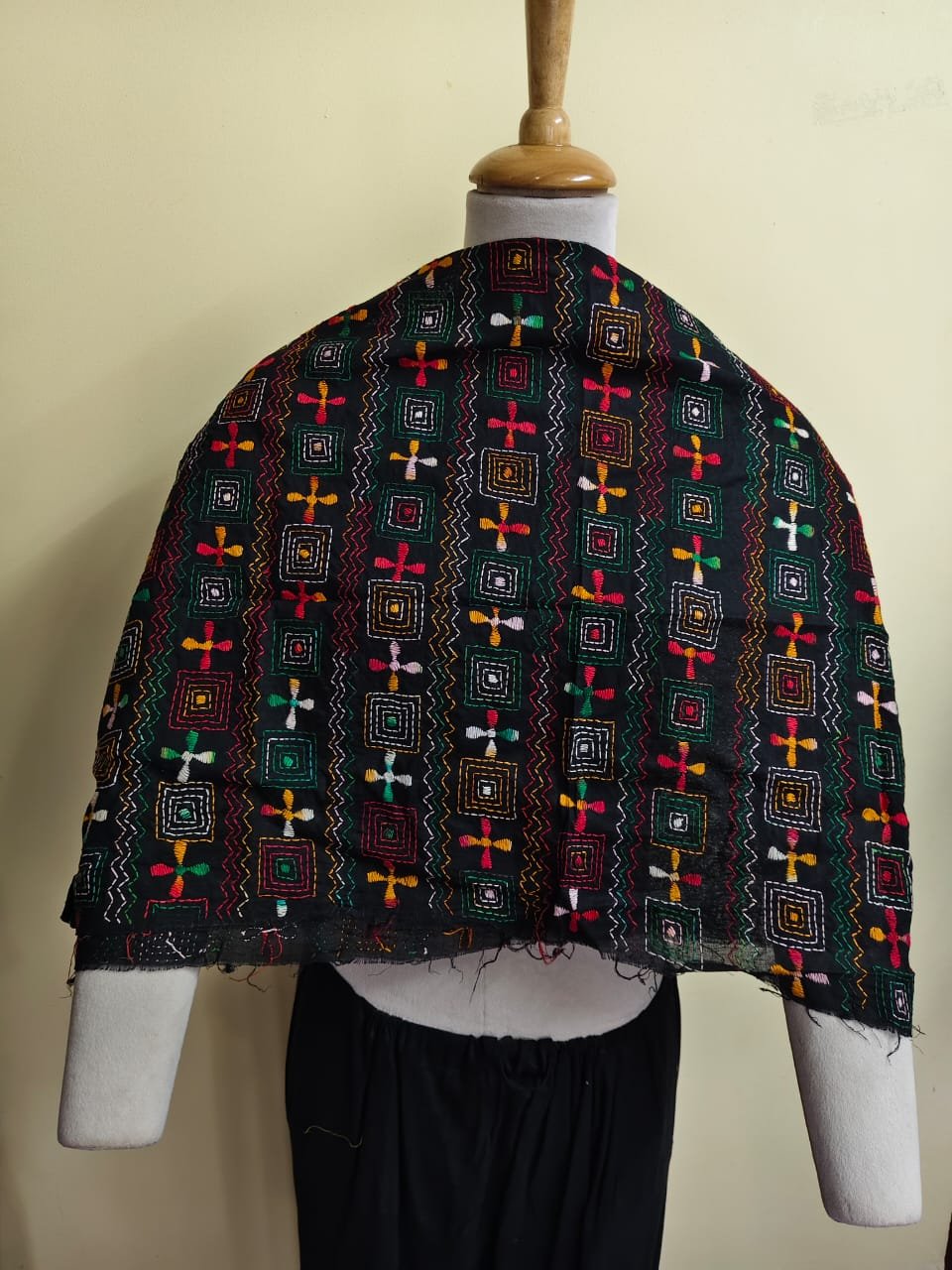 WhatsApp Image 2025-10-17 at 23.01.47_c7a8f414 Black Cotton Kantha Stitch Blouse Material – Handmade Multicolor Geometric Embroidery - Image 1