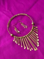 Handcrafted Brass Tribal Fringe Necklace & Earrings Set – Hammered Dangle Design - Image 3
