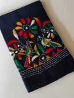 Navy Blue Cotton Kantha Stitch Blouse Material Multi Colour thread work - Image 3