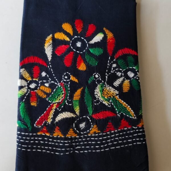 Navy Blue Cotton Kantha Stitch Blouse Material Multi Colour thread work