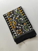 Black Kantha Stitch Blouse Piece Yellow and white Thread Work - Image 2